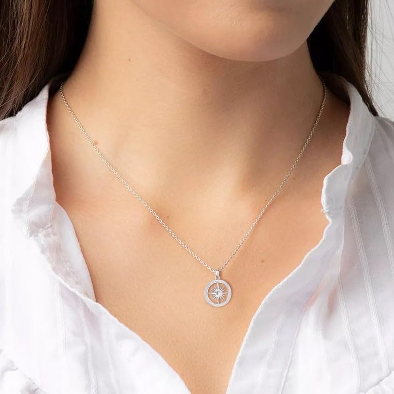 GAVU 925 Sterling Silver Diamond Compass Necklace for Women, Cubic Zirconia Compass Necklace - Image 2