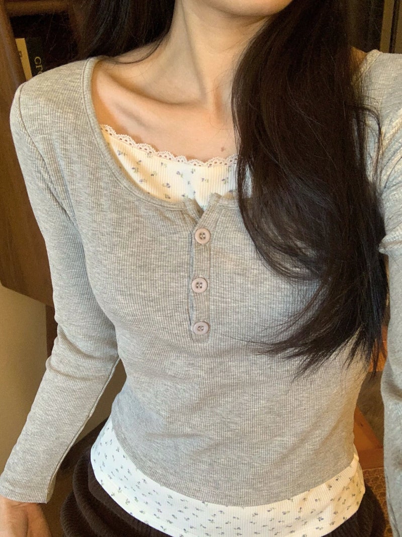 Grey Floral T-Shirt Women'S Fake Two-Piece High-End Sense Base Shirt Korean-Style Niche Slim-Fit Girl Inner Top - Image 4