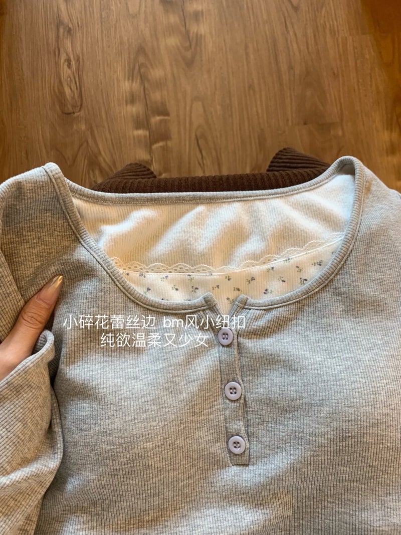 Grey Floral T-Shirt Women'S Fake Two-Piece High-End Sense Base Shirt Korean-Style Niche Slim-Fit Girl Inner Top - Image 2