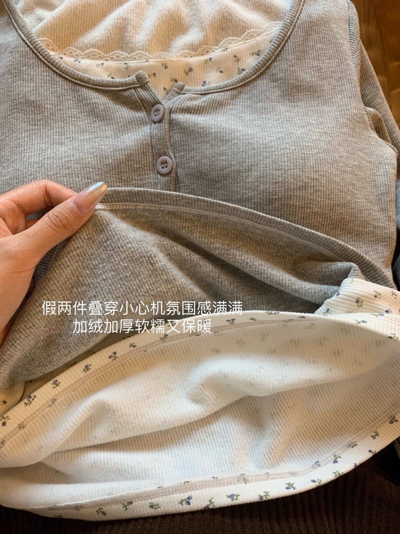 Grey Floral T-Shirt Women'S Fake Two-Piece High-End Sense Base Shirt Korean-Style Niche Slim-Fit Girl Inner Top - Image 3