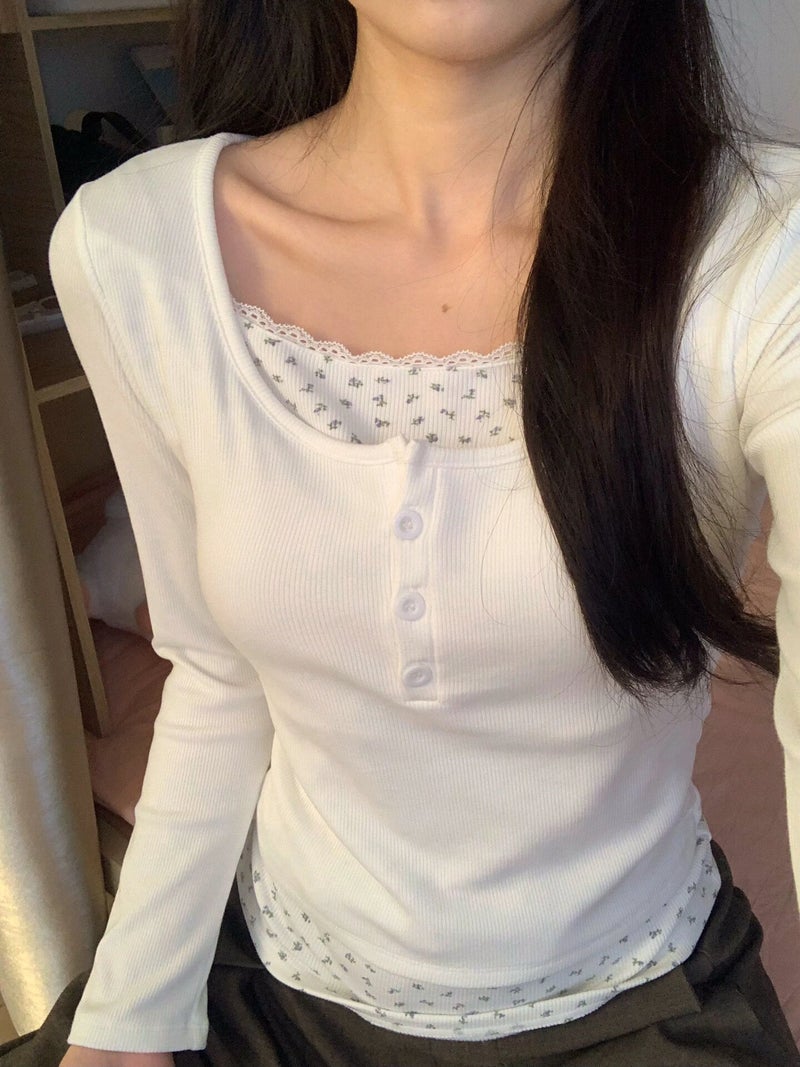Grey Floral T-Shirt Women'S Fake Two-Piece High-End Sense Base Shirt Korean-Style Niche Slim-Fit Girl Inner Top - Image 5