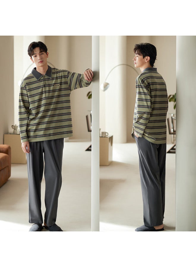 Xuanliang Men's Spring Autumn Cotton Long Sleeve Lazy Style Casual Wearable Plus Size Striped Homewear Set