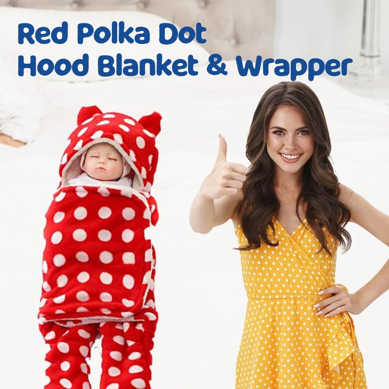Bumtum Bumtum 3-in-1 Hooded Baby Soft Blanket Wrapper| Swaddle for New Born Babies(Boys & Girls) 0-6 Months, Travel-Friendly, Polka Dot Design (Red) - Image 2