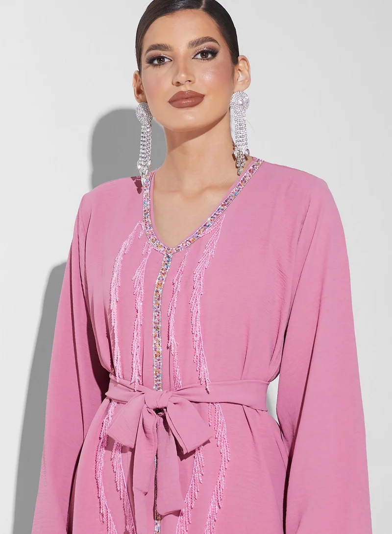 hayas closet V-Neck Embellished Jalabiya