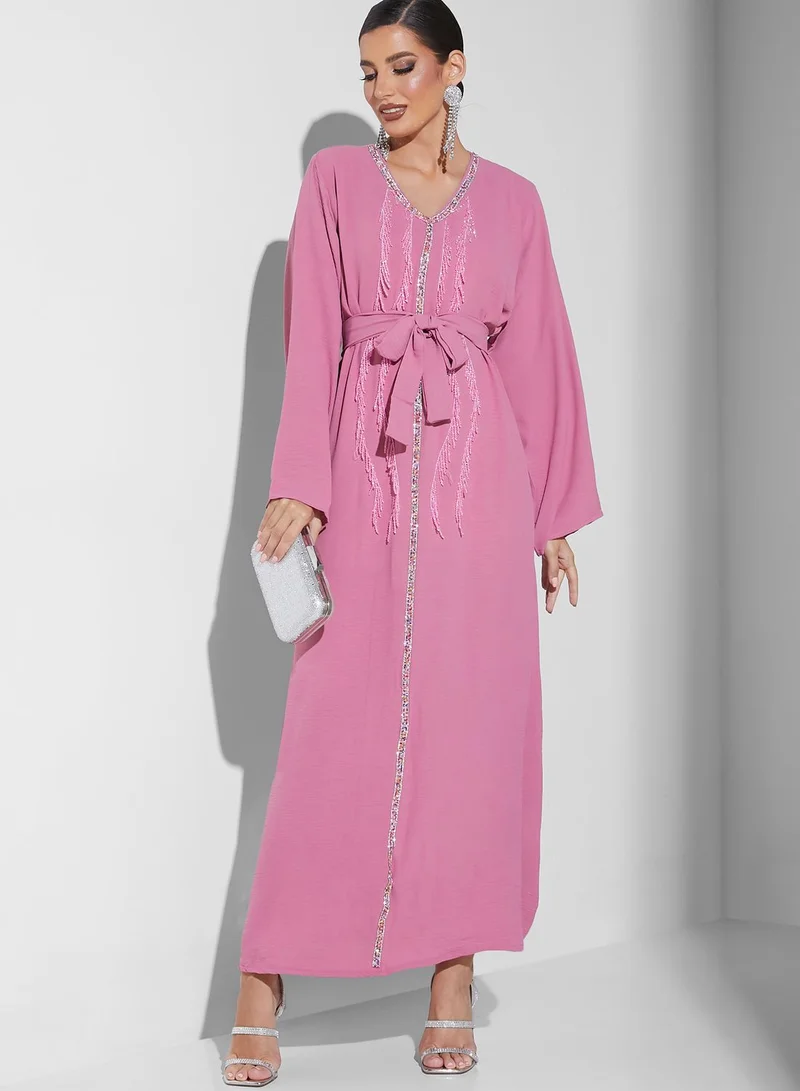 hayas closet V-Neck Embellished Jalabiya