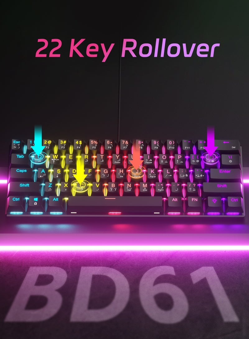 أوتشوانغ لوحة مفاتيح ميكانيكية مكونة من 61 مفتاحًا، كيبورد قيمنق سويتش أزرق هجينة خفيفة الوزن سلكية صغيرة الحجم لأجهزة الكمبيوتر الشخصية وأجهزة Mac ولوحة مفاتيح ألعاب إلكترونية محمولة - كيبورد مكتبي - كيبورد كمبيوتر- كيبورد اسود - Image 3