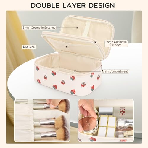 Relavel Makeup Bag, Small Makeup Bag for Women, Travel Cosmetic Bag, 2 Layers Waterproof Makeup Organizer Storage with Makeup Brush Holder, White Straberry - Image 3