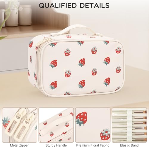 Relavel Makeup Bag, Small Makeup Bag for Women, Travel Cosmetic Bag, 2 Layers Waterproof Makeup Organizer Storage with Makeup Brush Holder, White Straberry - Image 5