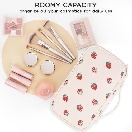 Relavel Makeup Bag, Small Makeup Bag for Women, Travel Cosmetic Bag, 2 Layers Waterproof Makeup Organizer Storage with Makeup Brush Holder, White Straberry - Image 4