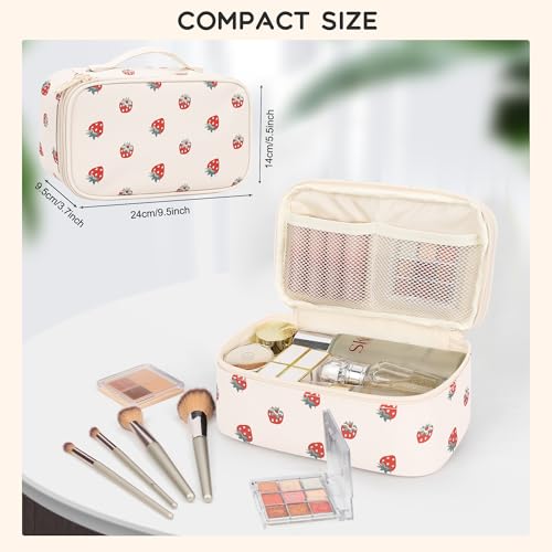 Relavel Makeup Bag, Small Makeup Bag for Women, Travel Cosmetic Bag, 2 Layers Waterproof Makeup Organizer Storage with Makeup Brush Holder, White Straberry - Image 2