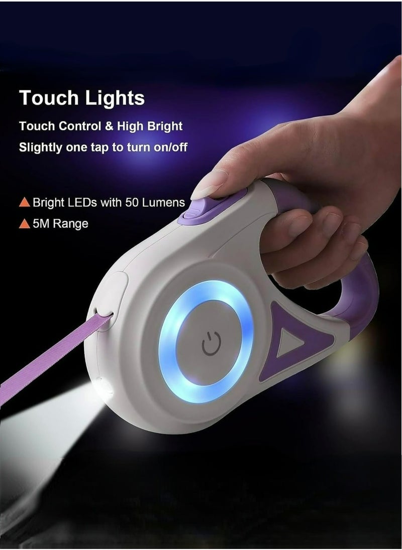 xppier - 5M Retractable Dogs Leash with Led Bright Flashlight Walking LED for Puppy Small Medium Dogs One Handed Brake Free Movement Automatic Cat Dog Lead Extension With In-Built Torch and LED Light - Image 1