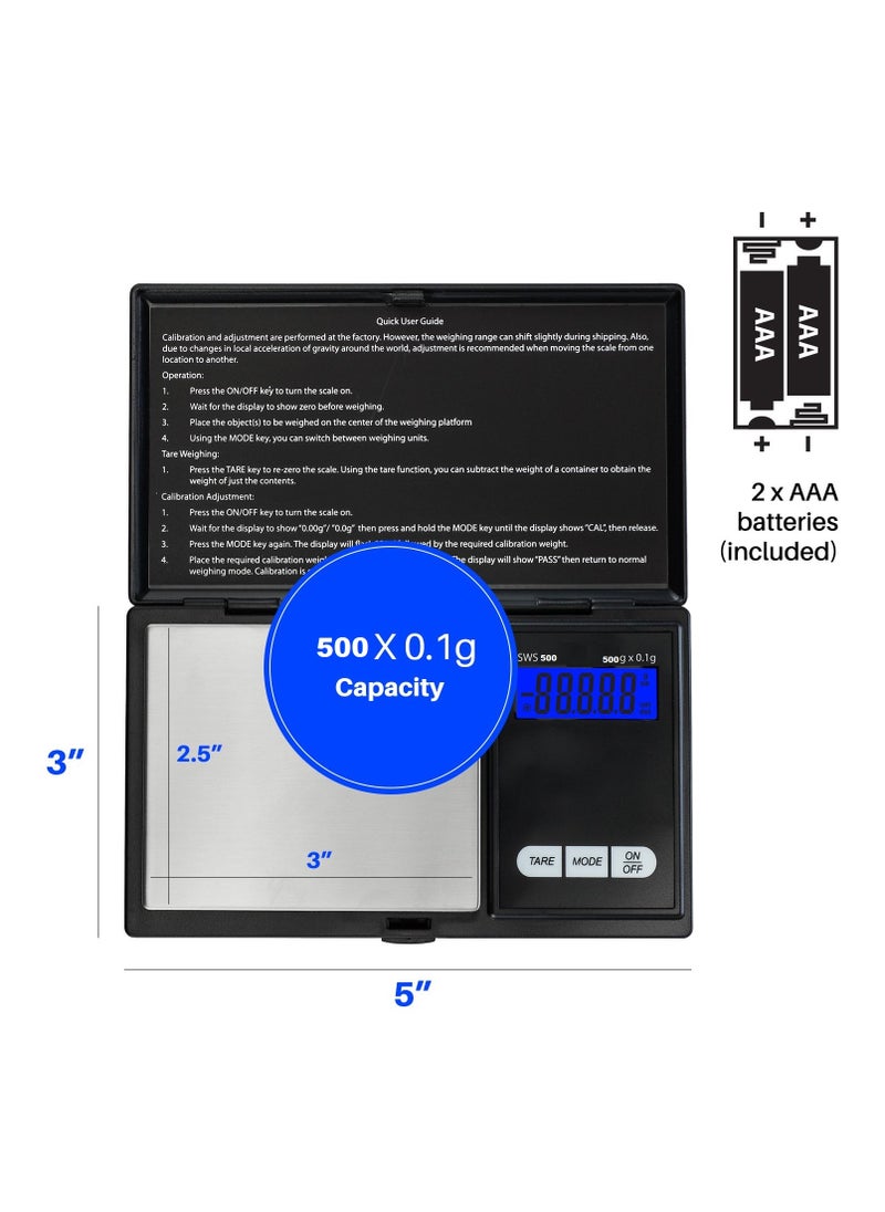 Digital Weighing Scale in Grams From 1 Gram to 500 Grams for Jewelry and Kitchen, With Seven Modes of Weight, Works With 2 Batteries, Not Included - Black