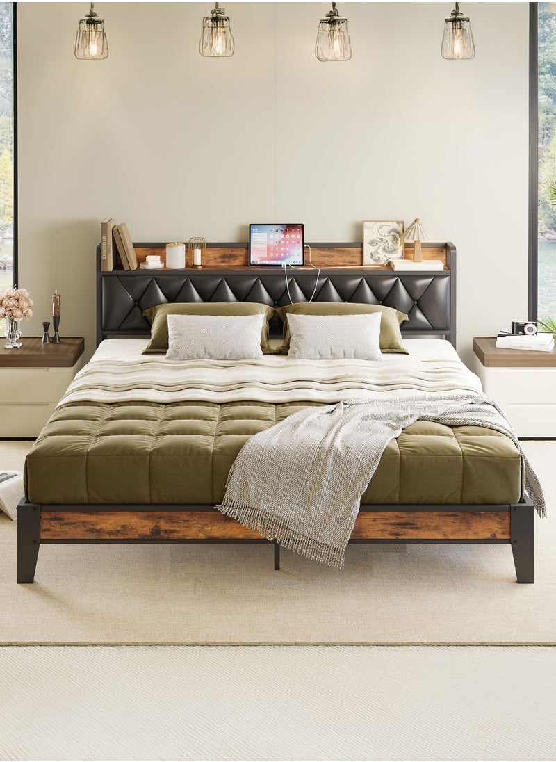 Yanara - Bed Frame King Size, Storage Headboard with Outlets, Easy to Install, Sturdy and Stable, No Noise, No Box Springs Needed, Rustic Brown and Black 217CMx180CMx103CM - Image 1