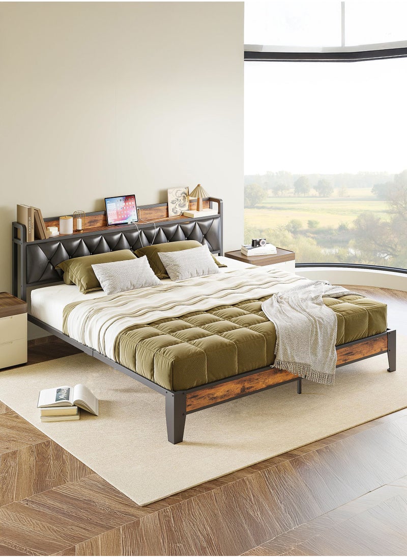 Yanara - Bed Frame King Size, Storage Headboard with Outlets, Easy to Install, Sturdy and Stable, No Noise, No Box Springs Needed, Rustic Brown and Black 217CMx180CMx103CM - Image 1