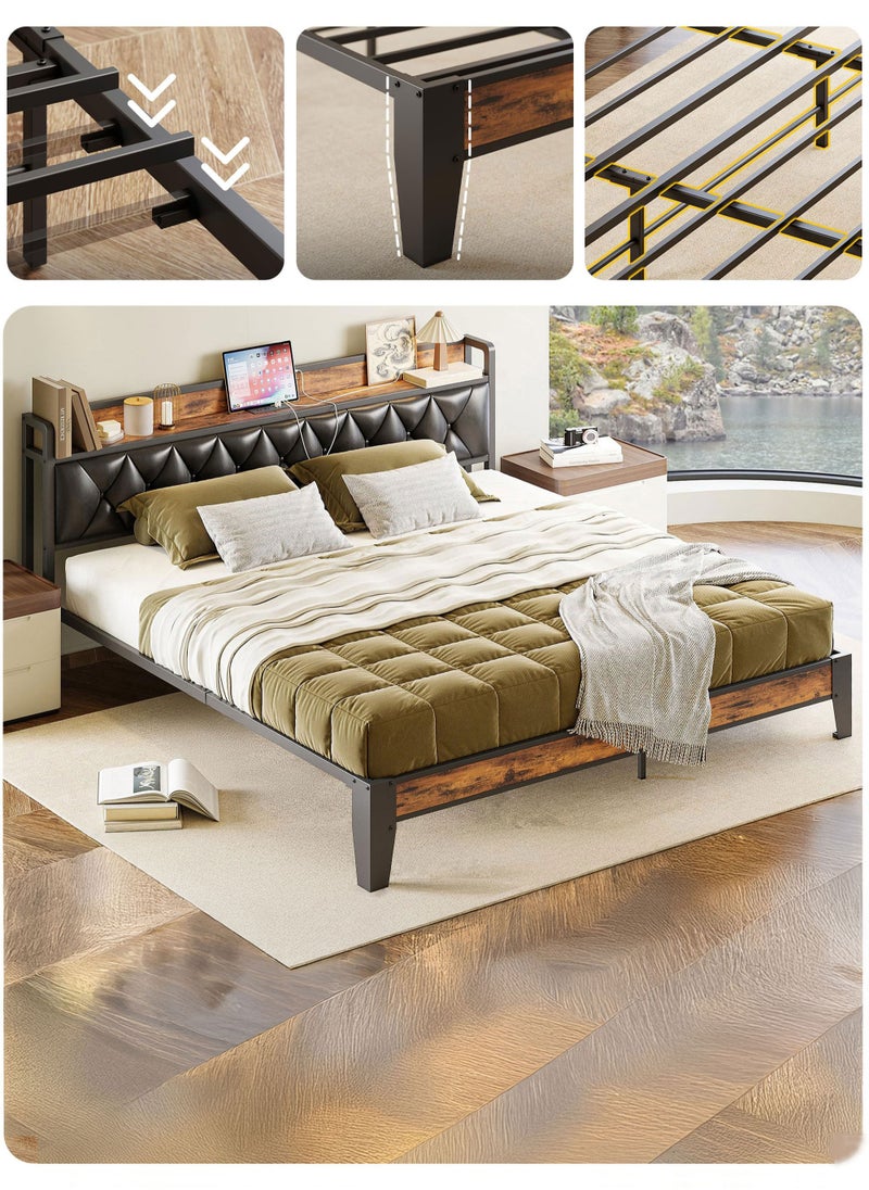 Yanara - Bed Frame King Size, Storage Headboard with Outlets, Easy to Install, Sturdy and Stable, No Noise, No Box Springs Needed, Rustic Brown and Black 217CMx180CMx103CM - Image 1