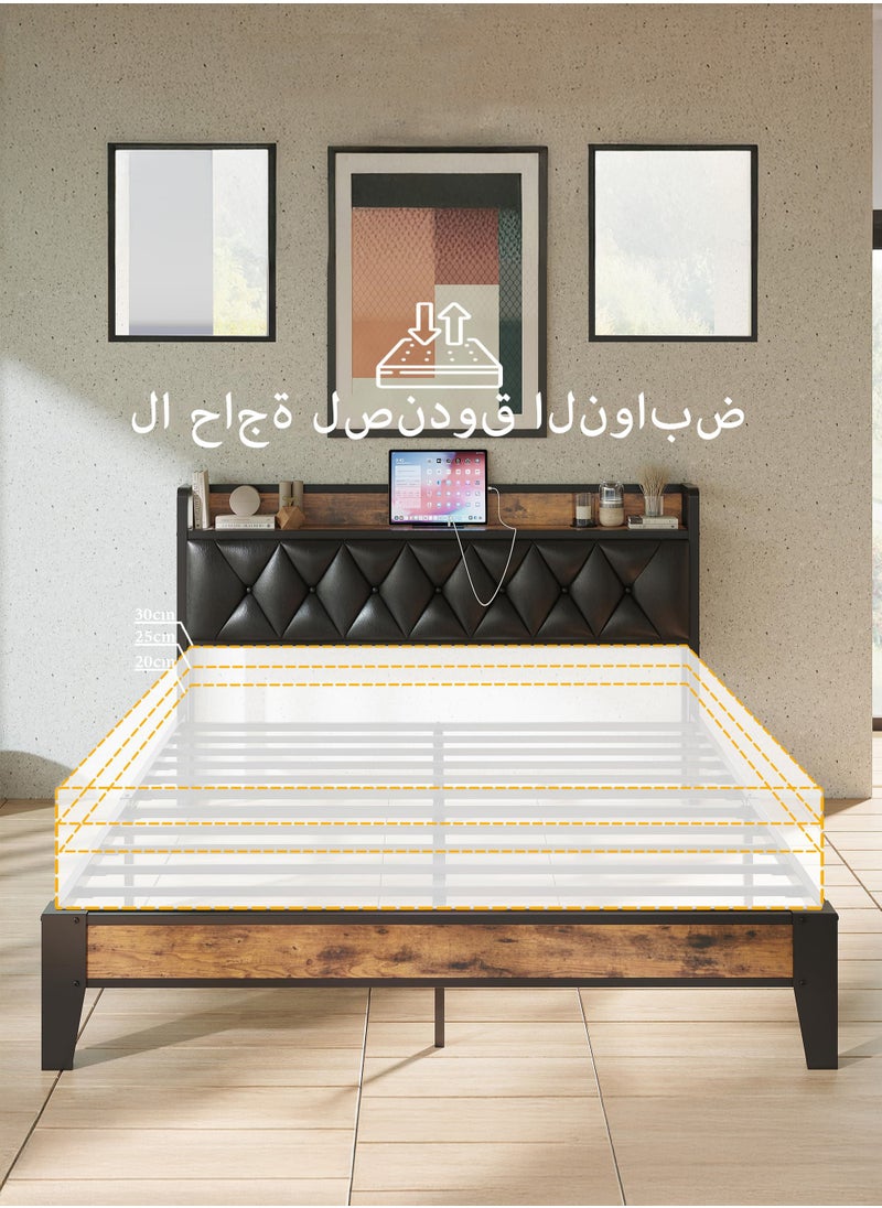 Yanara - Bed Frame King Size, Storage Headboard with Outlets, Easy to Install, Sturdy and Stable, No Noise, No Box Springs Needed, Rustic Brown and Black 217CMx180CMx103CM - Image 1