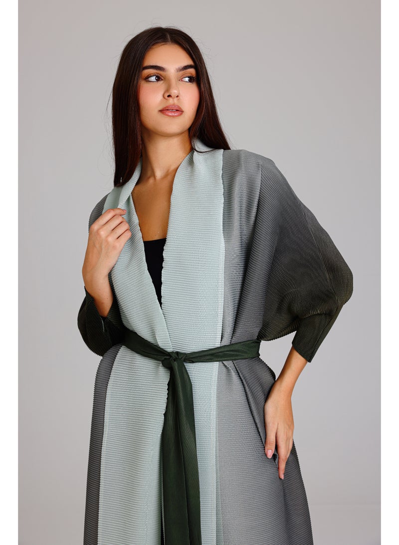 اكسا عباية أنيقة بحزام متوسط ​​باللون الأخضر بدرجات مختلفة - Image 2