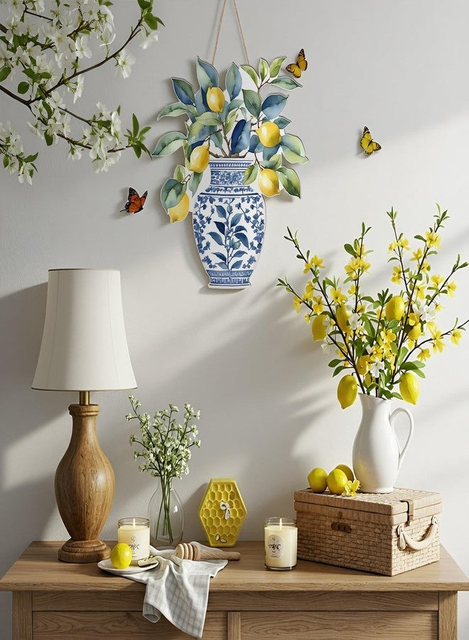 AceOrbit Chinoiserie Lemon Wall Art Decor 13.8 Inch Blue and White Chinoiserie Porcelain Door Decoration Wooden Farmhouse Summer Lemons Hanging Decor for Living Room Kitchen Indoor Outdoor Home Porch - Image 4