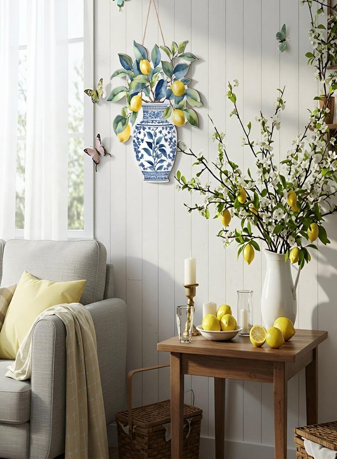 AceOrbit Chinoiserie Lemon Wall Art Decor 13.8 Inch Blue and White Chinoiserie Porcelain Door Decoration Wooden Farmhouse Summer Lemons Hanging Decor for Living Room Kitchen Indoor Outdoor Home Porch - Image 5