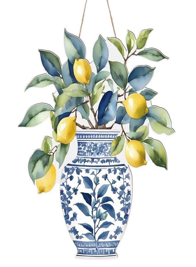 AceOrbit Chinoiserie Lemon Wall Art Decor 13.8 Inch Blue and White Chinoiserie Porcelain Door Decoration Wooden Farmhouse Summer Lemons Hanging Decor for Living Room Kitchen Indoor Outdoor Home Porch - Image 1