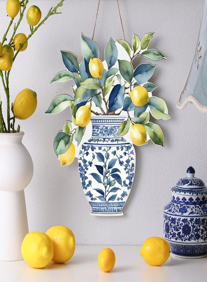 AceOrbit Chinoiserie Lemon Wall Art Decor 13.8 Inch Blue and White Chinoiserie Porcelain Door Decoration Wooden Farmhouse Summer Lemons Hanging Decor for Living Room Kitchen Indoor Outdoor Home Porch - Image 2