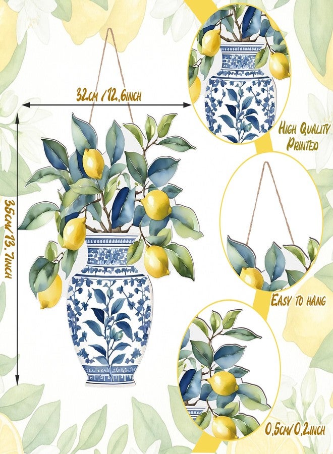 AceOrbit Chinoiserie Lemon Wall Art Decor 13.8 Inch Blue and White Chinoiserie Porcelain Door Decoration Wooden Farmhouse Summer Lemons Hanging Decor for Living Room Kitchen Indoor Outdoor Home Porch - Image 3