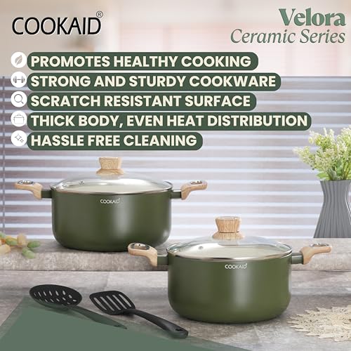 COOKAID Casserole Set of 2 | Casserole Set with Glass Lid | 6Pcs Cookware Set | 3.9 & 4.8 Ltr with 2Pc Nylon Tools | ISI Certified | Casserole For Cooking | Ceramic Non Stick Cooking Pot - Olive Green - Image 5