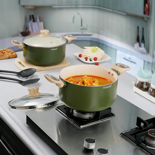 COOKAID Casserole Set of 2 | Casserole Set with Glass Lid | 6Pcs Cookware Set | 3.9 & 4.8 Ltr with 2Pc Nylon Tools | ISI Certified | Casserole For Cooking | Ceramic Non Stick Cooking Pot - Olive Green - Image 1