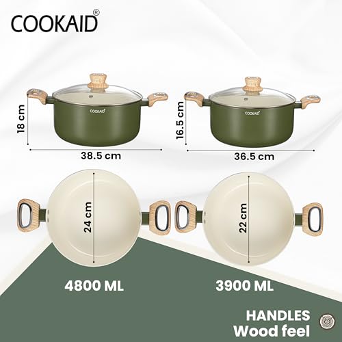 COOKAID Casserole Set of 2 | Casserole Set with Glass Lid | 6Pcs Cookware Set | 3.9 & 4.8 Ltr with 2Pc Nylon Tools | ISI Certified | Casserole For Cooking | Ceramic Non Stick Cooking Pot - Olive Green - Image 2