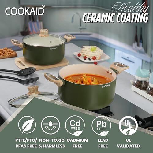 COOKAID Casserole Set of 2 | Casserole Set with Glass Lid | 6Pcs Cookware Set | 3.9 & 4.8 Ltr with 2Pc Nylon Tools | ISI Certified | Casserole For Cooking | Ceramic Non Stick Cooking Pot - Olive Green - Image 3