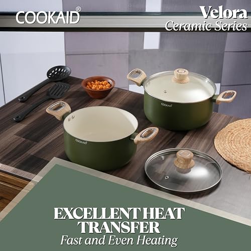 COOKAID Casserole Set of 2 | Casserole Set with Glass Lid | 6Pcs Cookware Set | 3.9 & 4.8 Ltr with 2Pc Nylon Tools | ISI Certified | Casserole For Cooking | Ceramic Non Stick Cooking Pot - Olive Green - Image 4