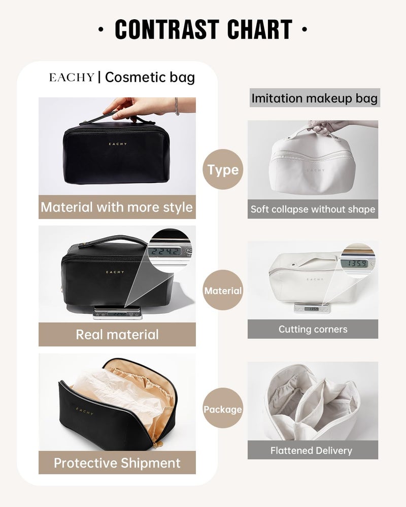 EACHY Travel Makeup Bag, Large Capacity Cosmetic Bags for Women, Waterproof Portable Open Flat Toiletry Bag Make up Bag with Divider and Handle (Black, Medium) - Image 4