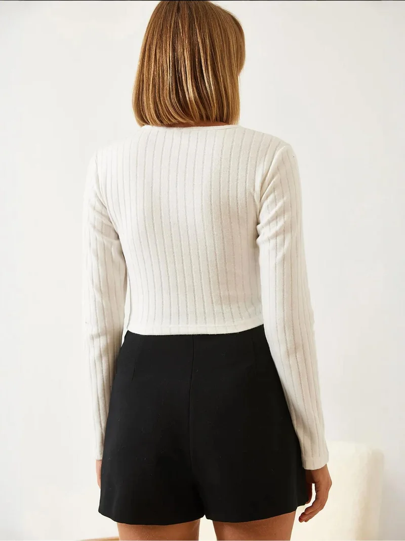 Bianco Lucci White LUCCI Textured Ribbed Crop Top with Cut Out Detail for Women | Best Price UAE