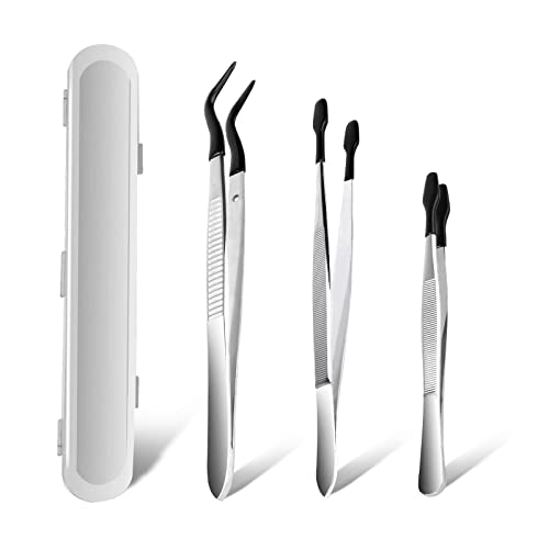 AngleKai 3PCS Tip Tweezers, Silicone Rubber Flat Tipped Tweezers Bent Tip for Jewelry Coin Stamp (Black) - Image 1