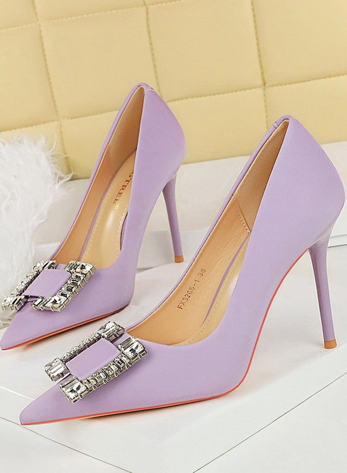 BIGTREE Women's Satin Closed Pointed Toe Stiletto Pump Rhinestone Square Buckle Decoration High Heels Light Purple 10CM - Image 1