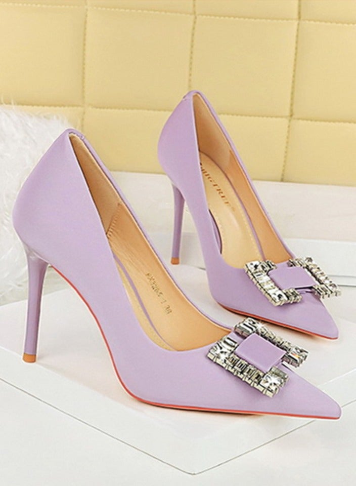 BIGTREE Women's Satin Closed Pointed Toe Stiletto Pump Rhinestone Square Buckle Decoration High Heels Light Purple 10CM - Image 2