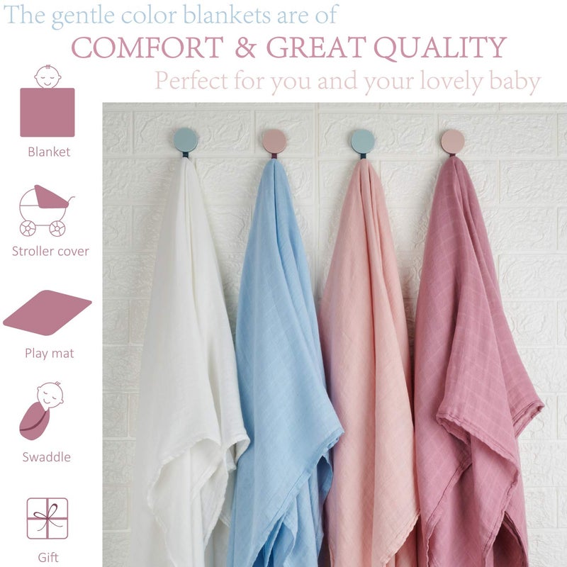 Meracorallo Muslin Swaddle Blanket Silky Soft Receiving Blanket Neutral Swaddle Wrap for Baby Boys and Girls, 47 x 47 inches, Set of 4 Solid Color (White+Blue+Pink+Purple) - Image 4