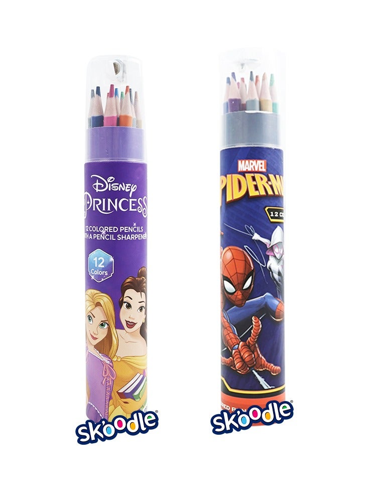 SKOODLE SKOODLE Colored Pencils & Markers Set, 12 Pencils with Sharpener, Spider-Man & Princess - Image 1