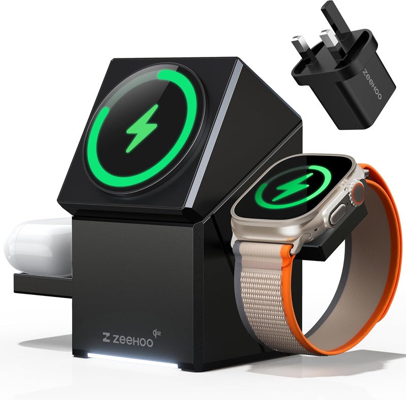 زييهوو محطة شحن لاسلكية ، CubeTrick-X Qi2 15W شحن سريع، محطة شحن لاسلكية 3 في 1 لساعة Apple Watch، لسلسلة iPhone 16 و15 و14 و13 و12، باللون الأسود (شاحن 30 واط متضمن). - Image 1