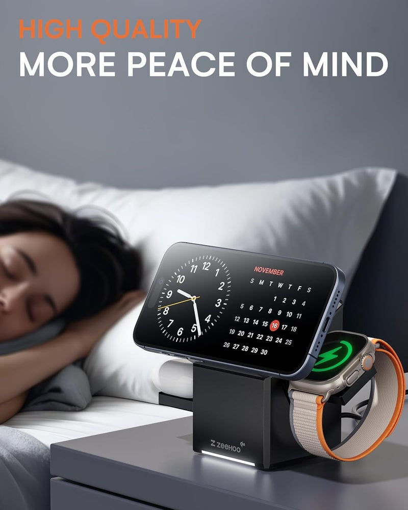 زييهوو محطة شحن لاسلكية ، CubeTrick-X Qi2 15W شحن سريع، محطة شحن لاسلكية 3 في 1 لساعة Apple Watch، لسلسلة iPhone 16 و15 و14 و13 و12، باللون الأسود (شاحن 30 واط متضمن). - Image 5