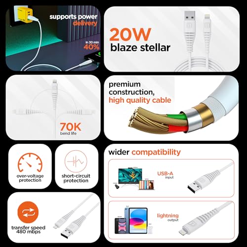 Dubstep Blaze Stellar 20W USB-A To Type-L Data Fast Charging Compatible & Data Sync Cable with Overheat Protection | 70k Insertion Tested (White) - Image 3