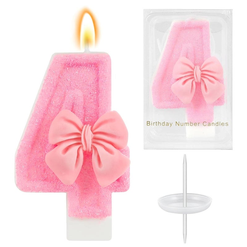 Birthday Number Candles,Pink bow-shaped Birthday Candles for Cake,Glitter Number 4 Candle Cake Topper with Sequins for Girls,Women, Anniversary Celebrations Supplies (Pink 4) - Image 1
