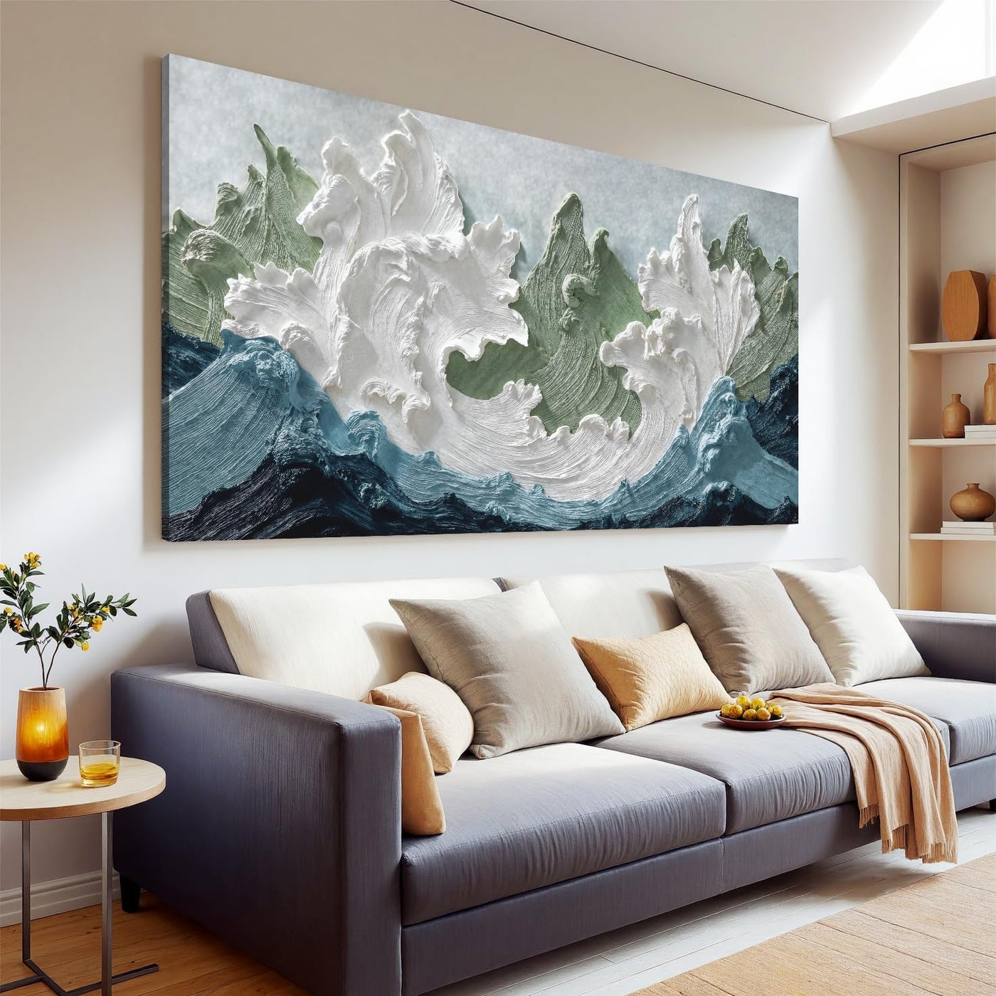 ARS Framed Canvas Wall Art Decor Modern Abstract Ocean Landscape For Living Room White and Green Coastal Scene Minimalist Wall Decor 100x150cm