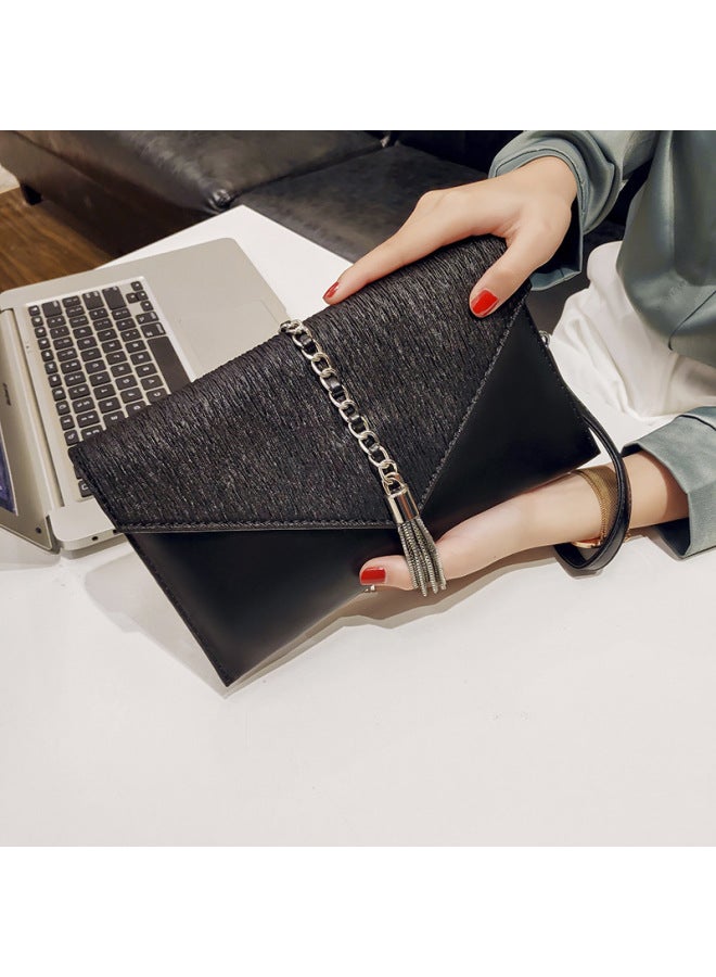 Handbag Women's 2020 Spring And Summer Fashion Hand-held Small Bag Dress Evening Bag Banquet All-match Tassel Clutch Bag-Color:Black - Image 3