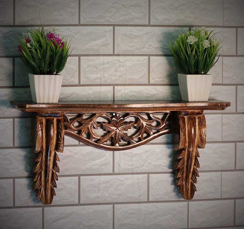 APEROL DESIGN Beautiful Hand Carved Wood Lacquered Wall Decor Shelf for Living Room Brown