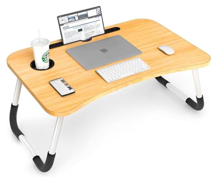 ترابيزة لاب توب قابلة للطي للسرير – أرجل قابلة للتعديل وغير قابلة للانزلاق مع حامل كوب وحامل تابلت ودفتر ملاحظات - Image 1