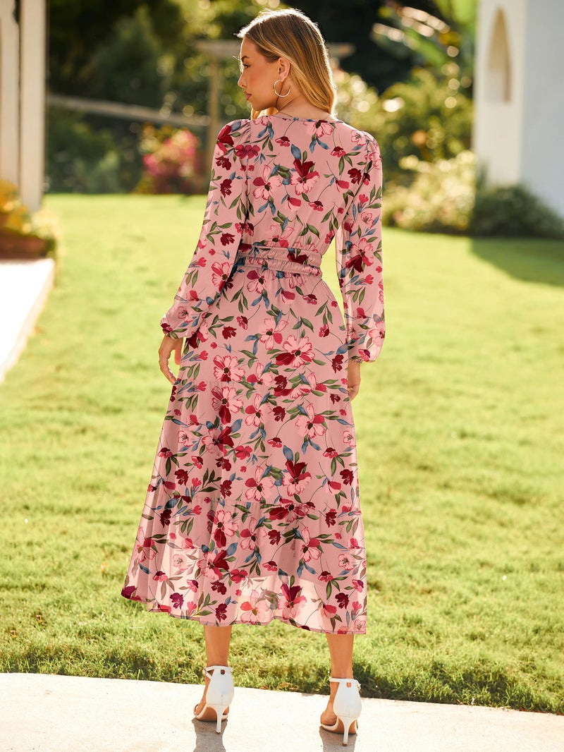 Simplee Women's Floral Boho Long Sleeve Maxi Dress V Neck Empire Waist Swing Flowy Wedding Guest Dress Pink Floral XL - Image 4