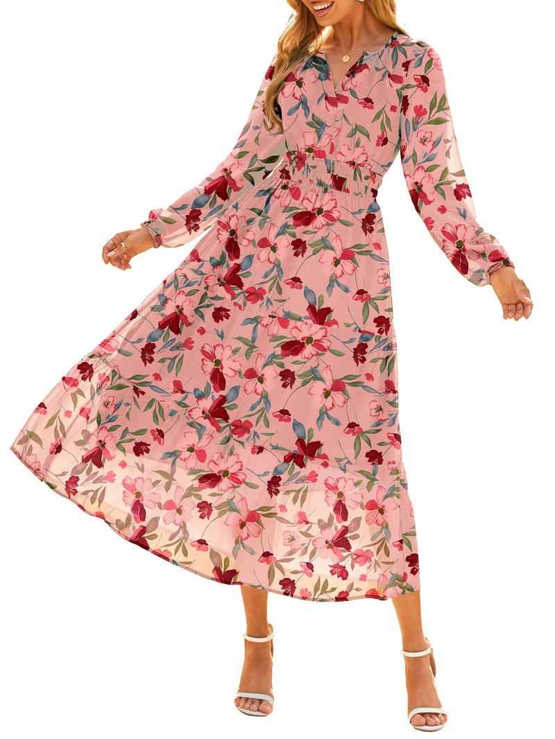 Simplee Women's Floral Boho Long Sleeve Maxi Dress V Neck Empire Waist Swing Flowy Wedding Guest Dress Pink Floral XL - Image 2