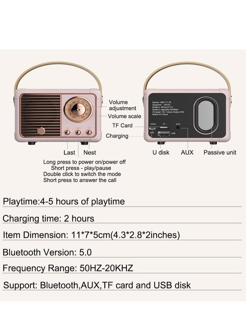 HM-11 Bluetooth Portable Radio, Retro Style Mini Speaker with Clear Stereo Sound, Rich Bass for iPhone, Android Devices and Tablets (Pink)  - Image 5