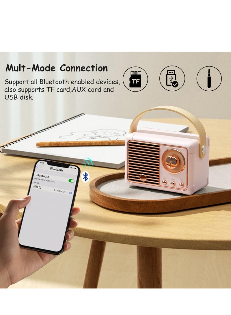 HM-11 Bluetooth Portable Radio, Retro Style Mini Speaker with Clear Stereo Sound, Rich Bass for iPhone, Android Devices and Tablets (Pink)  - Image 2